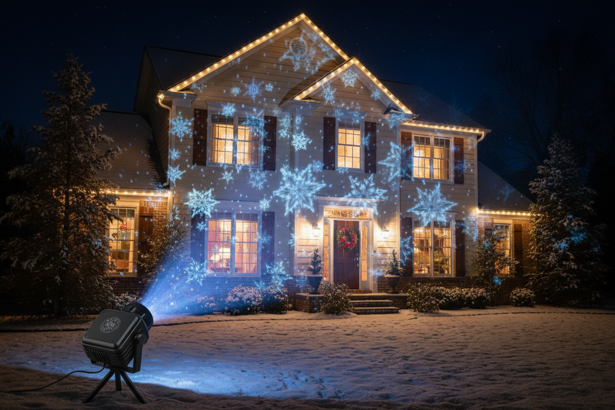 Snowflake projector projecting on a house 4k